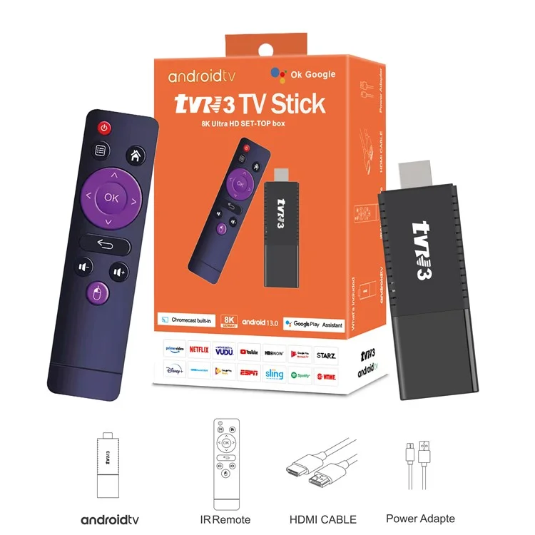 TVR3 Android 13 Streaming Smart TV Stick Quad Core Cortex A53 Support 4K H.265 Netflix Youtube, 2+16GB