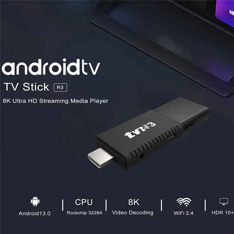 TVR3 Android 13 Streaming Smart TV Stick Quad Core Cortex A53 Support 4K H.265 Netflix Youtube, 2+16GB