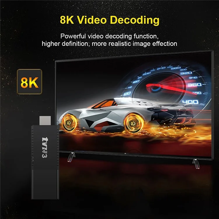 TVR3 Android 13 Streaming Smart TV Stick Quad Core Cortex A53 Support 4K H.265 Netflix Youtube, 2+16GB