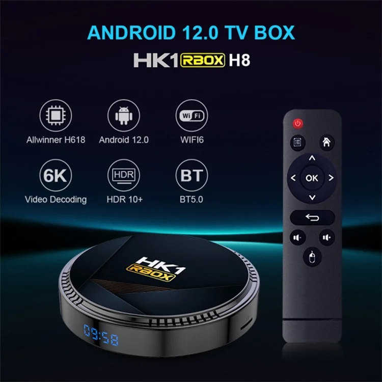 HK1 RBOX-H8-H618 Ultra HD 4K Output Mini Set-top Box Android 12 4GB+64GB TV Box Support 6K Video Decoding - US Plug