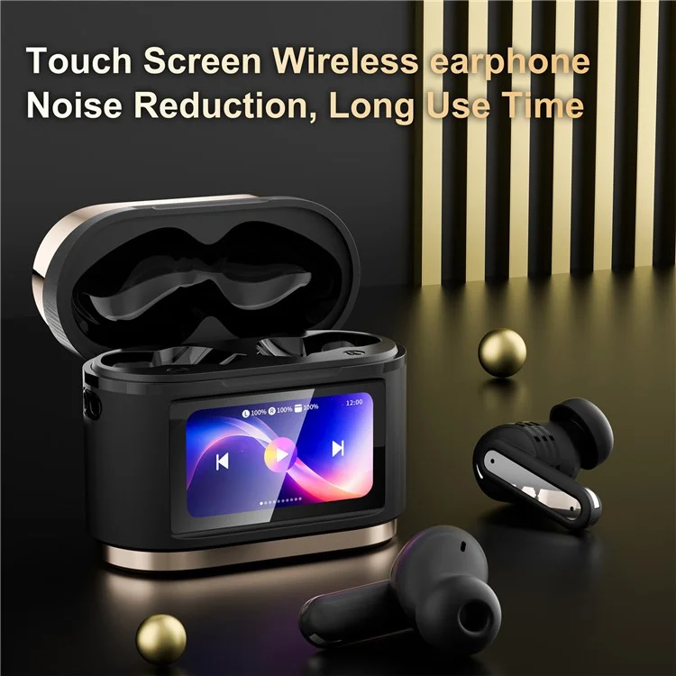 Smart Digital Display Touch Screen Wireless Bluetooth Headset ANC+ENC Noise Cancelling - Gold