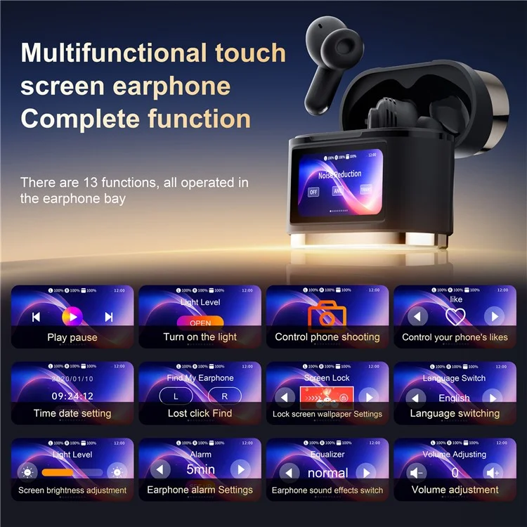 Smart Digital Display Touch Screen Wireless Bluetooth Headset ANC+ENC Noise Cancelling - Gold