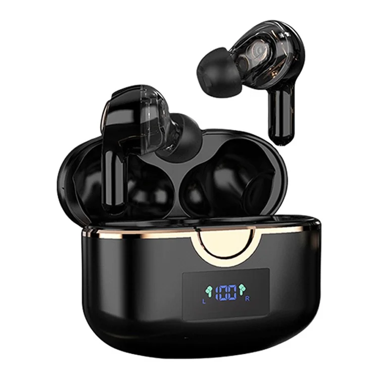 TWS Dual Dynamic Drivers Wireless Noise Canceling Headset LED Power Display Bluetooth HiFi Earphone Earbuds - Black