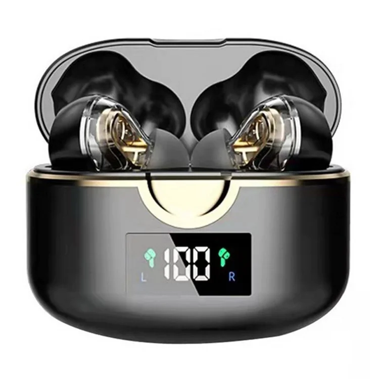 TWS Dual Dynamic Drivers Wireless Noise Canceling Headset LED Power Display Bluetooth HiFi Earphone Earbuds - Black