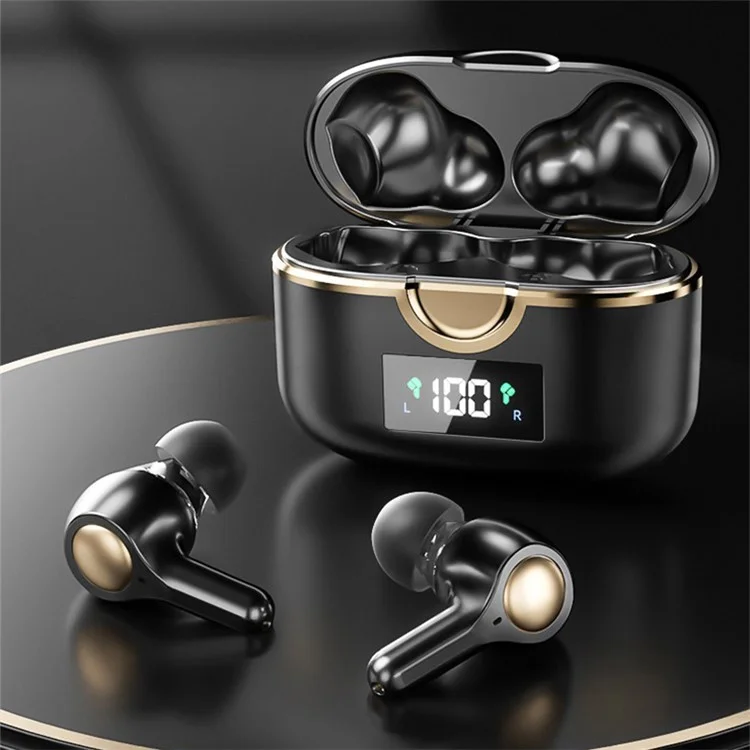 TWS Dual Dynamic Drivers Wireless Noise Canceling Headset LED Power Display Bluetooth HiFi Earphone Earbuds - Black