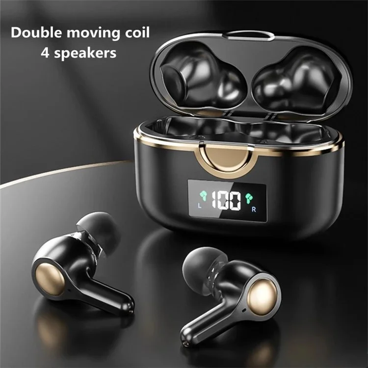 TWS Dual Dynamic Drivers Wireless Noise Canceling Headset LED Power Display Bluetooth HiFi Earphone Earbuds - Black