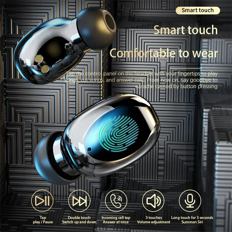 TWS Bluetooth Sports Headset Wireless Earphone Stereo Built-in Microphone Earbuds Waterproof Headphones with Digital Display Charging Case - Black