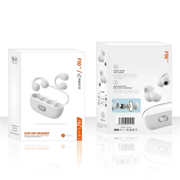 Open Ear Clip Headphones Wireless Bluetooth Clip On Headset Open Ear Earbuds Earphones - White