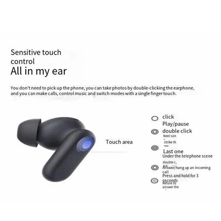 True Wireless Bluetooth Headset Dual Microphone Noise Canceling Earphones - Black