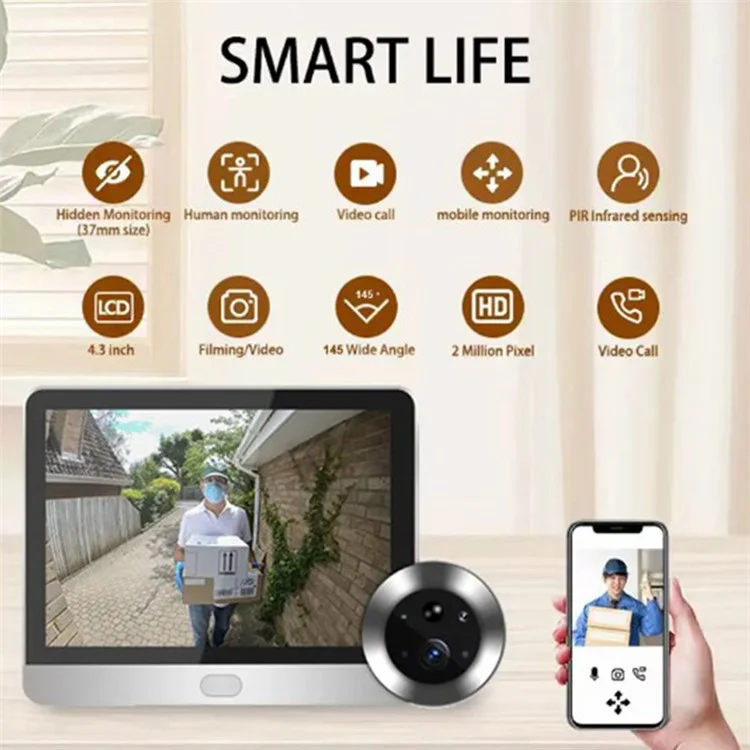 4.3-inch Mini WiFi PIR Motion Detection Peephole Video Doorbell (Built-In Battery) - Silver