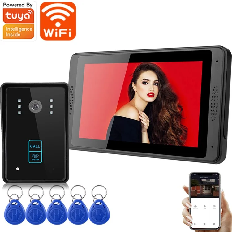 7-inch Monitor Tuya App WiFi Doorbell RFID Card Unlock 1080P HD Video Doorbell, EU Plug