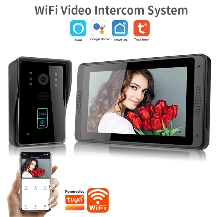 7-inch Monitor Tuya App WiFi Doorbell RFID Card Unlock 1080P HD Video Doorbell, EU Plug