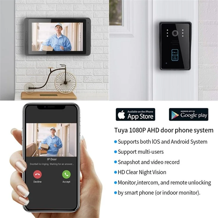 7-inch Monitor Tuya App WiFi Doorbell RFID Card Unlock 1080P HD Video Doorbell, EU Plug