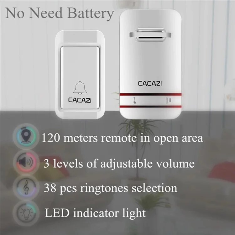 CACAZI V027G 38 Ringtones Self-powered Wireless Doorbell, 1 Transmitter + 1 Receiver - US Plug