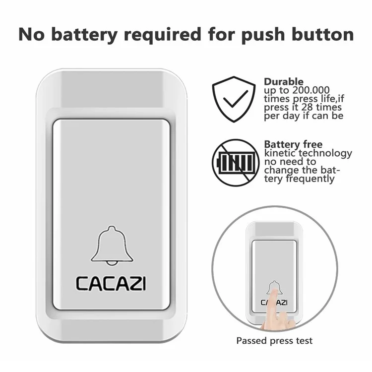 CACAZI V027G 38 Ringtones Self-powered Wireless Doorbell, 1 Transmitter + 1 Receiver - US Plug